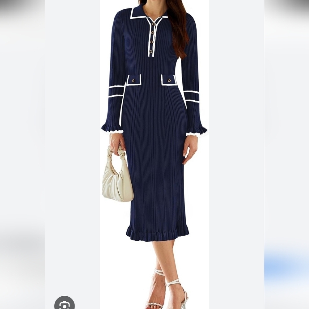 Chic Long Sleeve Navy Dress with White Trim